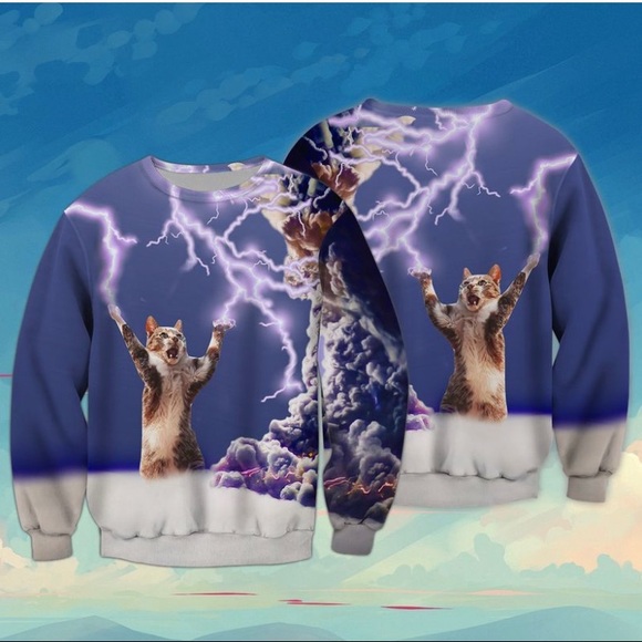 NEW Funny Thunder Lightning Cat Animal Sweatshirt - Picture 1 of 3